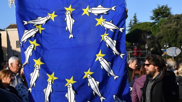 Un manifestant porte un drapeau européen sur lequel il a apposé des sardines. - Sputnik Afrique