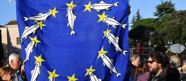 Un manifestant porte un drapeau européen sur lequel il a apposé des sardines. Un manifestant porte un drapeau européen sur lequel il a apposé des sardines. - Sputnik Afrique