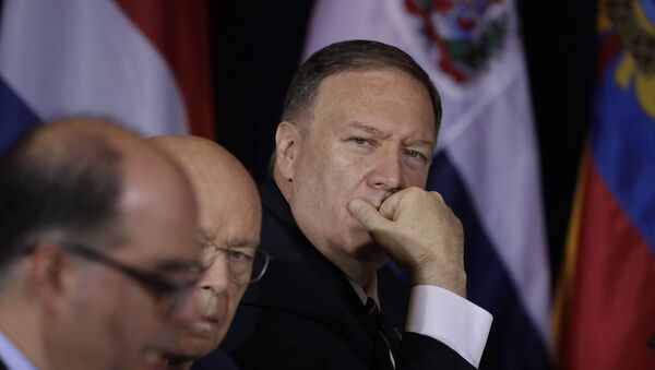 Secretary of State Mike Pompeo, attends a multilateral meeting with President Donald Trump on Venezuela at the InterContinental New York Barclay hotel during the United Nations General Assembly, Wednesday, Sept. 25, 2019, in New York. - Sputnik Afrique