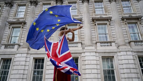 An anti-Brexit demonstrator whirls an EU and Union Flag during a demonstration against the British government's move to suspend parliament in the final weeks before Brexit outside Downing Street in London on August 31, 2019. - Sputnik Afrique