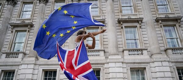 An anti-Brexit demonstrator whirls an EU and Union Flag during a demonstration against the British government's move to suspend parliament in the final weeks before Brexit outside Downing Street in London on August 31, 2019. - Sputnik Afrique