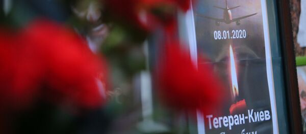 A memorial poster showing Ukrainian Boeing 737-800 plane that crashed outside Tehran, Iran, is seen outside the Iranian Embassy in Kyiv, Ukraine - Sputnik Afrique