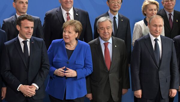 Vladimir Poutine, Angela Merkel et Antonio Guterres à Berlin, le 19 janvier 2020. - Sputnik Afrique