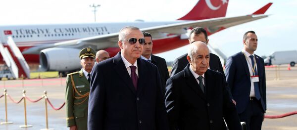 Le Président turc Recep Tayyip Erdogan est accueilli à sa descente de l’avion par le Président algérien Abdelmadjid Tebboune lors de sa visite à Alger, le 26 janvier 2020. - Sputnik Afrique