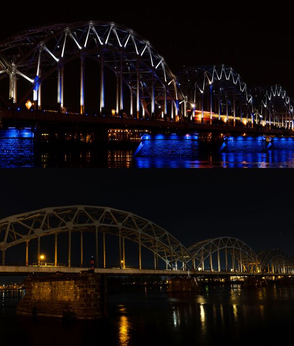Pont ferroviaire sur la Daugava à Riga avant et pendant l’action Une heure pour la Terre. - Sputnik Afrique