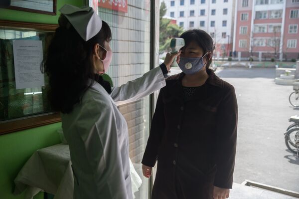 Infirmier prenant la température à une patiente à l’entrée d’un hôpital, Pyongyang - Sputnik Afrique