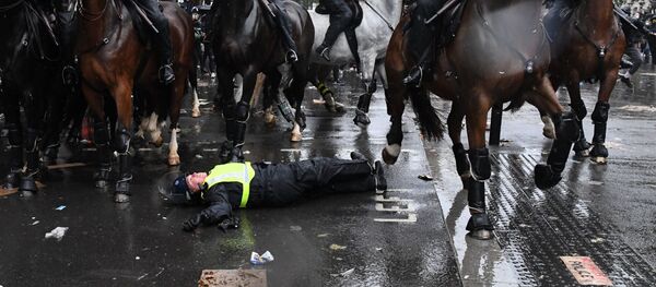 Des cavaliers de la police lors de la manifestation à Londres - Sputnik Afrique