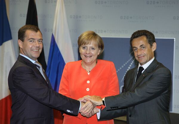Dmitri Medvedev, Angela Merkel et Nicolas Sarkozy - Sputnik Afrique