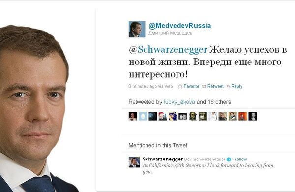 Le président Medvedev souhaite du succès à Schwarzenegger sur Twitter - Sputnik Afrique