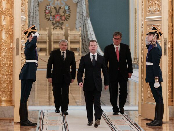 Dmitri Medvedev lors d'une cérémonie de remise de lettres de créance par des ambassadeurs étrangers - Sputnik Afrique