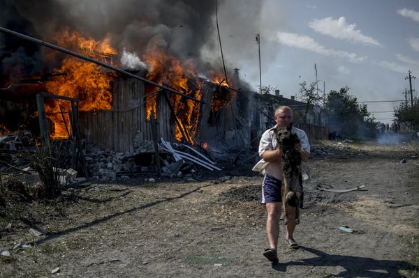 Un chien sauvé dans un incendie provoqué par une frappe aérienne ukrainienne contre le village Louganskaïa Un chien sauvé dans un incendie provoqué par une frappe aérienne ukrainienne contre le village Louganskaïa - Sputnik Afrique