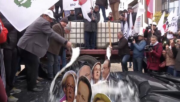Les manifestants ont arrosé avec du lait les portraits des dirigeants européens - Sputnik Afrique